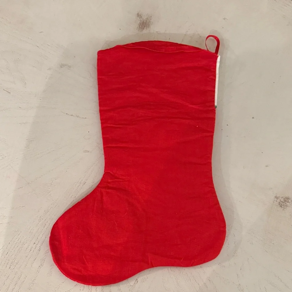 Vtg quilted festive red Christmas stocking with Santa and Snowman